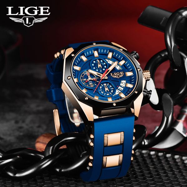 

LIGE Mens Watches Brand Luxury Silicone Strap Waterproof Sport Quartz Watch Men Chronograph Military Clock Multi-function chronograph Multi-function sports watch, Golden blue