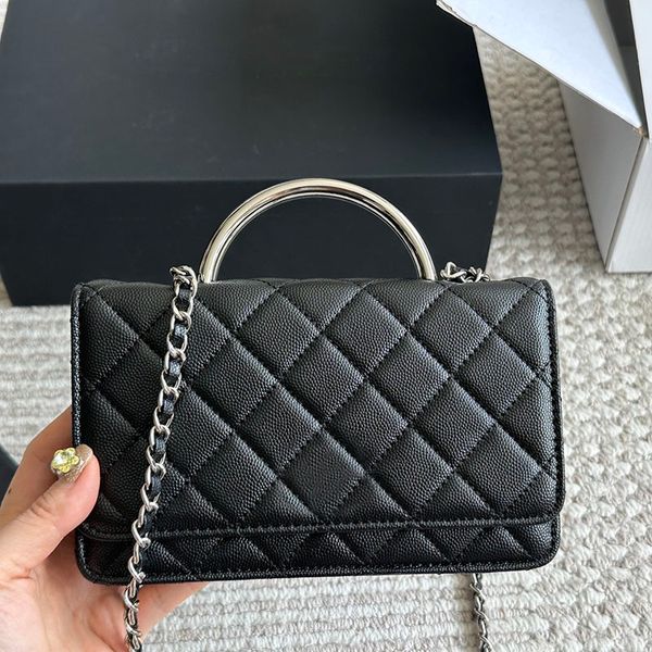 

Women Designer Shoulder Bag Mini Flap Wallet with Silver Handle Caviar Leather Turn Buckle Hardware Woven Chain Cross Body Card Holders Luxury Sacoche 20x13cm, Yellow