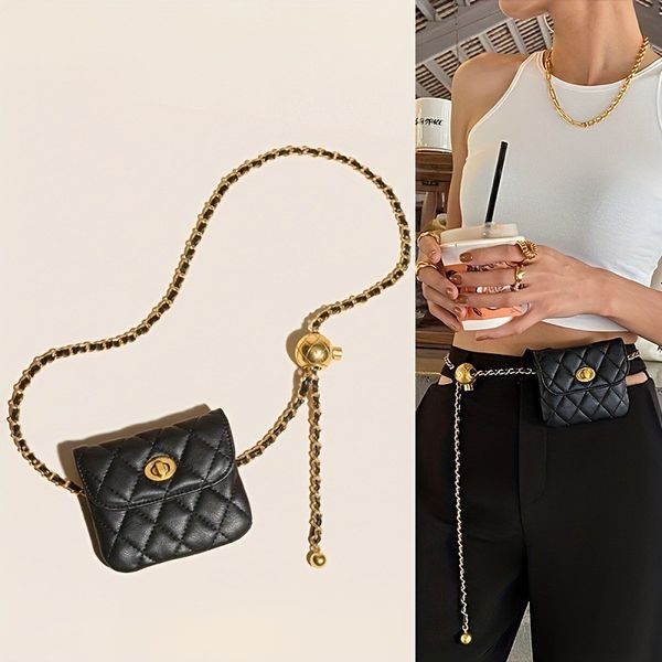 

Trendy French Chic Mini Quilted Crossbody Bag with Gold Ball Charm - Lightweight Chain Strap Belt Bag, Free Shipping, Black