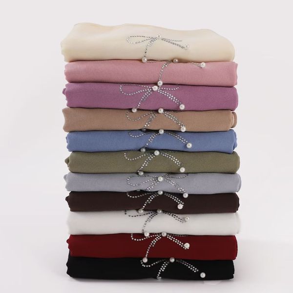 T589 new pearl chiffon bow hot diamond nail bead long scarf Hui ethnic scarf small fresh female