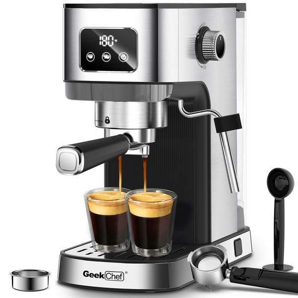 Geek Chef Espresso Machine, Cappuccino Latte Machine with ESE POD Filter Milk Frother Steam Wand, Accurate Temperature Time Control, Compact Coffee Machine for Home