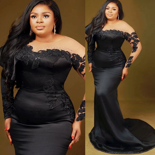 Mermaid Black Plus Size Prom Dresses 2025 Lace Crystals Satin Elegant Evening Formal Party Second Birthday Engagement Gowns Dress For Special Occasions