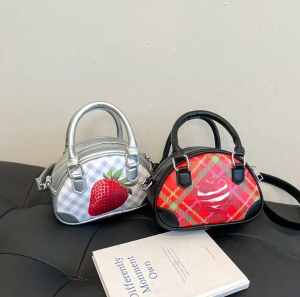 

kid strawberry printed handbags Fashion girls plaid single shoulder bucket bag kids leather crossbody bags, Black