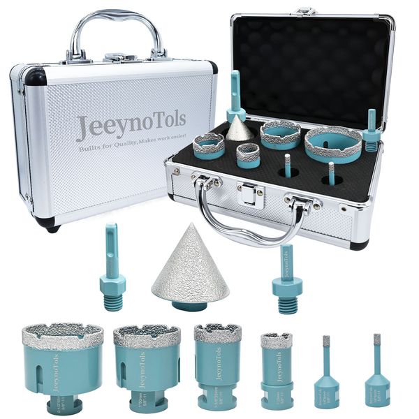 

9PCs Dry Diamond Title Drill Set, 6/6/25/35/50/65mm Drill Bits & 50mm Beveling Chamfer Bit & 2PCs Adapters, for Ceramic, Tile, Marble, Porcelain 5/8-11 Thread, Diamond Core Drill bit