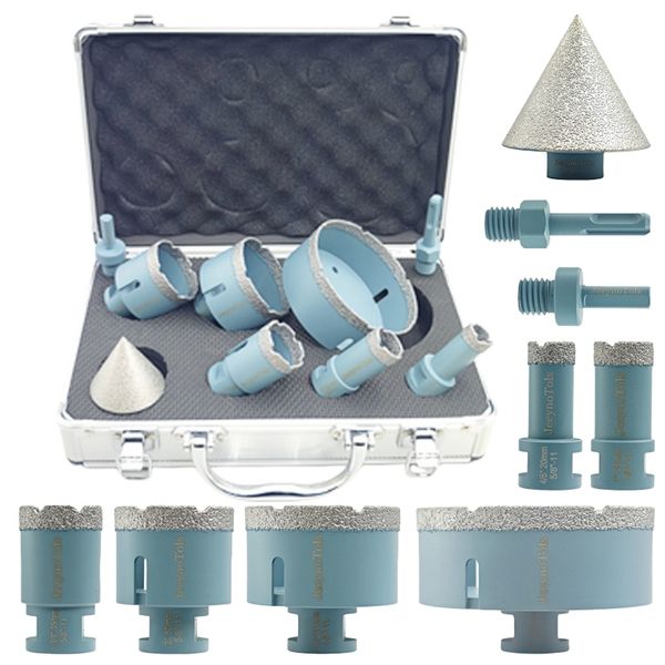 

9pcs Diamond Core Drill Bit Kit, 4/5", 1", 1-3/8", 2", 2-1/2", 4" Drill Bit + 2" Beveling Chamfer Bit + Adapter For Ceramic Tile Marble Porcelain 5/8-11 Thread, Hole Saw Kit