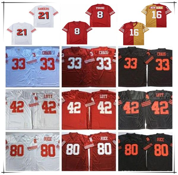 

Men Throwback American Football Jersey 16 Joe Montana 21 Deion Sanders 80 Jerry Rice 8 Steve Young 33 Roger Craig 42 Ronnie Lott 87 Dwight Clark 44 Tom Rathman Retro Red, Men retro black style