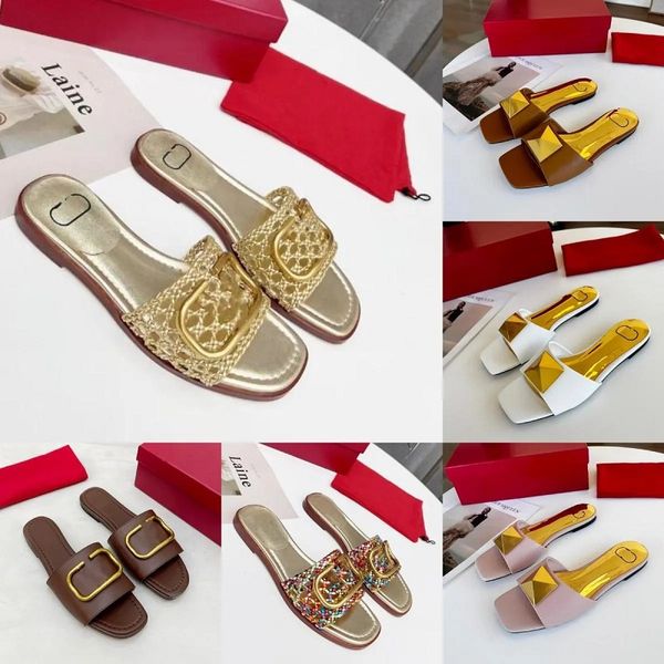 

2025 Spring Womens Slippers Sandales New Flat Bottom Decorative Buckle Sandals Designer Slides Fashion Versatile Litchi Pattern Slipper 50 Colours, Red