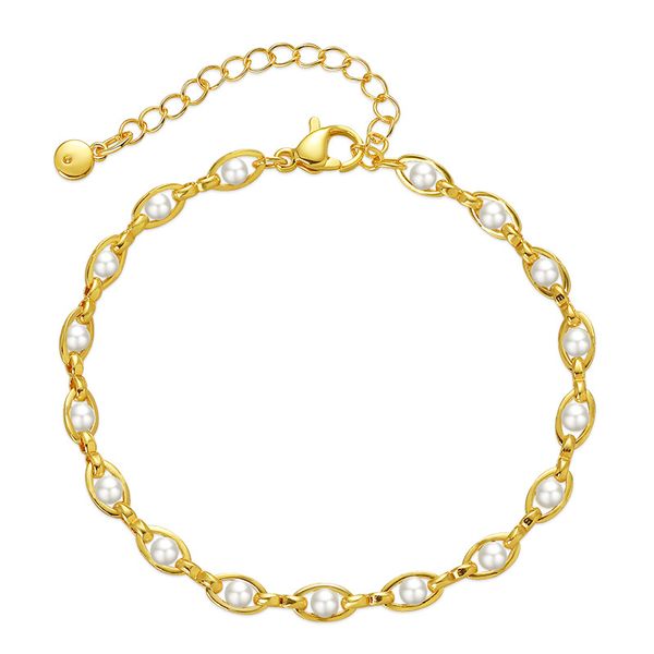 

Copper plated 18K genuine gold pearl ankle chain with French elegance, adjustable length, and gold color preserving foot accessories