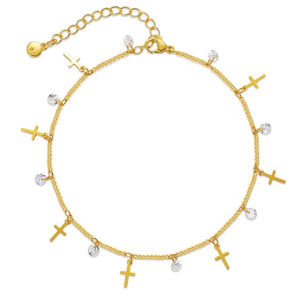 

New European and American glass ankle chain copper plated 18K real gold niche creative cross pendant foot decoration