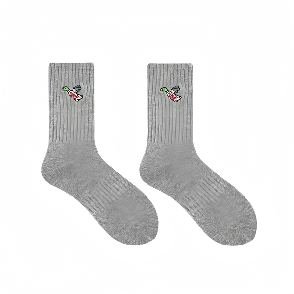 

trendy japanese embroidery small duck pattern skater socks for both genders fall winter edition, White