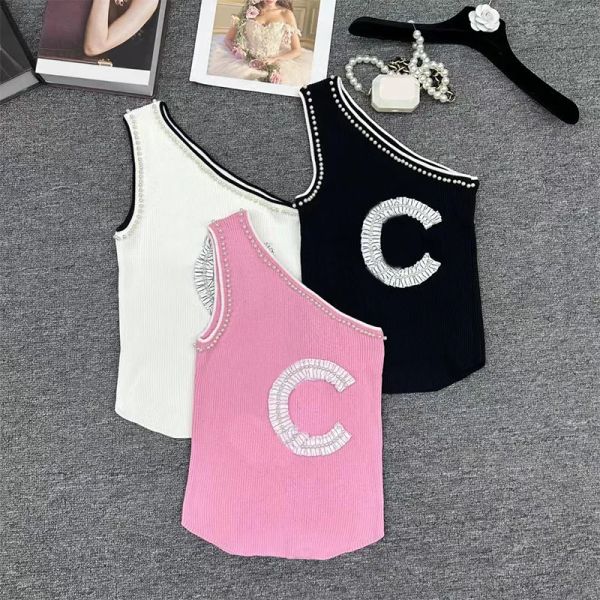 

25SS designer tank top women off-shoulder beaded knit vest color blocking lace tanks Irregular design vest BFG2501114, White