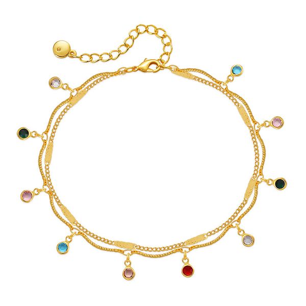 

Spring and summer new beach ankle chain plated with 18K real gold chain, colored glass diamond small fresh ankle ring