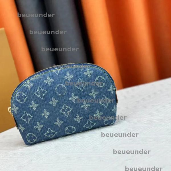 

Denim Designer Makeup Bag small pouch Travel Pouch Women Designers Cosmetic mini bags fashion ladies Zipper Make Up Bag Clutch Purse half round shape, Blue