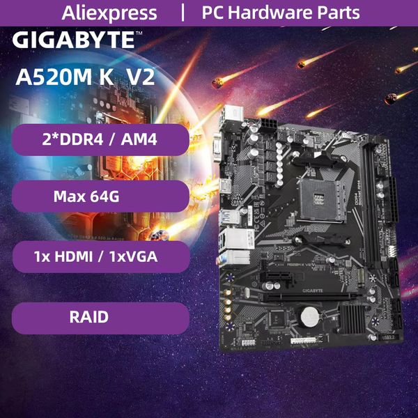 For AMD Ryzen 5 5500 GIGABYTE A520M K V2 Motherboard New Micro-ATX A520 DDR4 5100(OC) MHz M.2 PCIe 3.0 2xDDR4 PCI-E x4 M.2 board