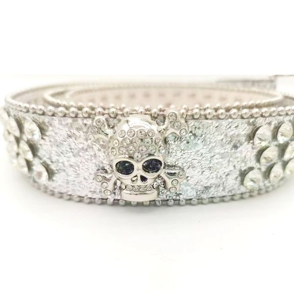 

Glitter PU Leather Strap Belt Featuring Crystal Stone Skull Buckle & Diamond Accents, White