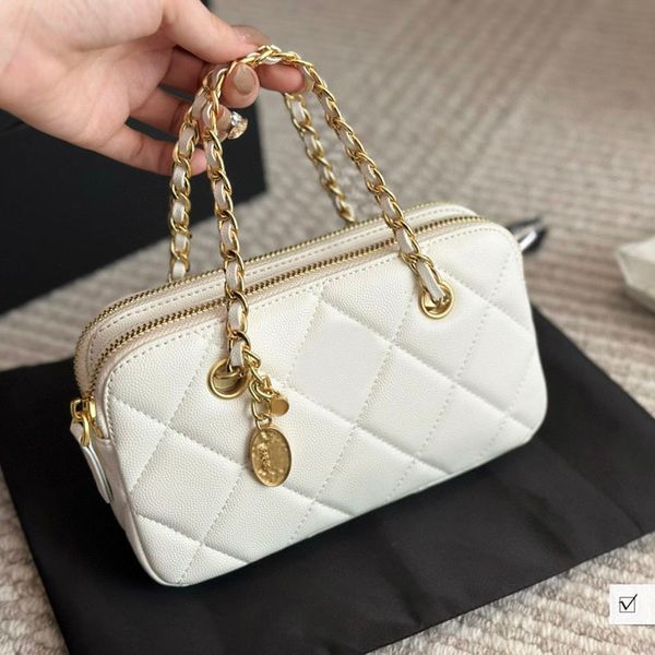 

Women Portable Coin Purse Zipper Shoulder Bag Two Pockets Caviar Lambskin Leather Quilted Gold Pendant Hardware Matelasse Chain Crossbody Clutch Handbag 20x11cm, White lambskin