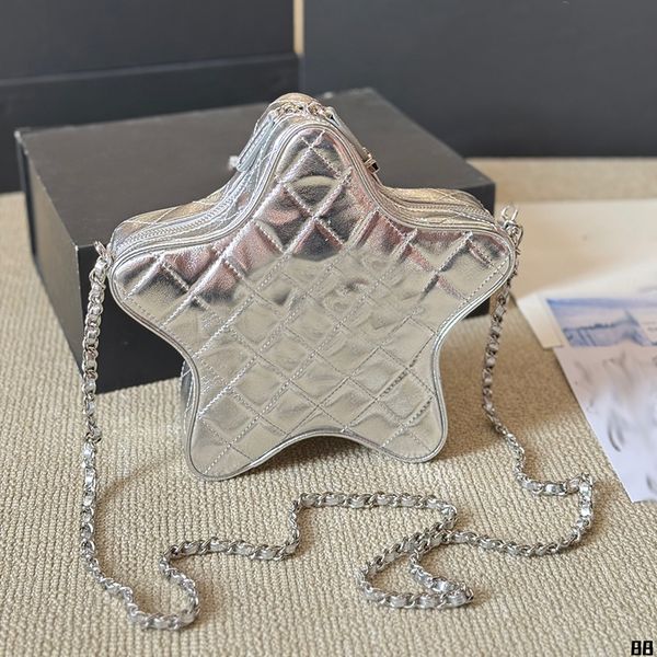 

25A Stars Makeup Bag Fashion Womens Shoulder Bag Leather Gingham Gold/Black Hardware Metal Lettering Matelasse Chain Hand Crossbody Dinner Bag Wallet Card Bags 22cm, Silver buckle