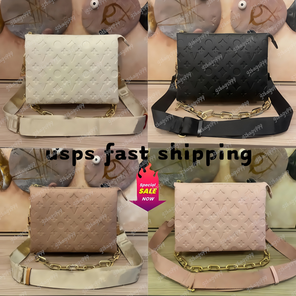 

Designer Crossbody Bags Chain Shoulder Women Handbag Coussin pouch M57790 Wide straps embossing Fashion letters Removable straps Handbag, Embossed white