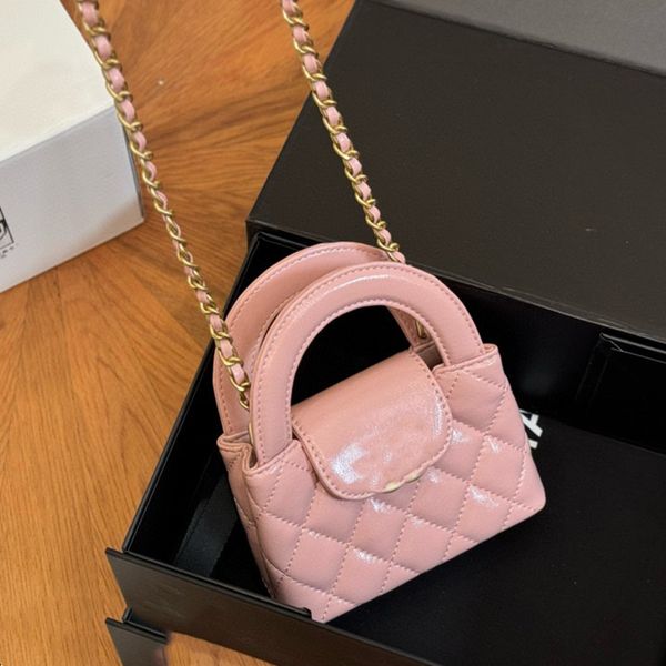 

Women Portable Shoulde Bag Fashion Mini Shopping Bags with Handle Glossy Oil Wax Leather Gold Hardware Matelasse Chain Luxury Handbags Cross Suitcases Wallet 12.5cm, Pink
