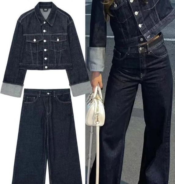 

Women Jeans skimss Patchwork Denim Jacket Pant Sets Vintage Long Sleeve Cropped Coat Wide Leg Pants Streetwear Suit