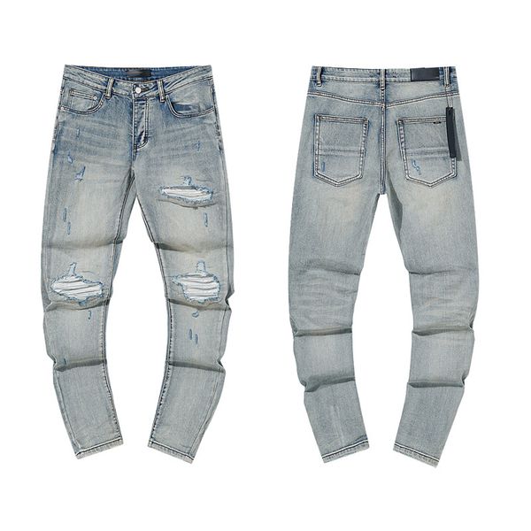 

mens designer jeans High street retro perforated casual trend hip hop denim pants, Blue-307