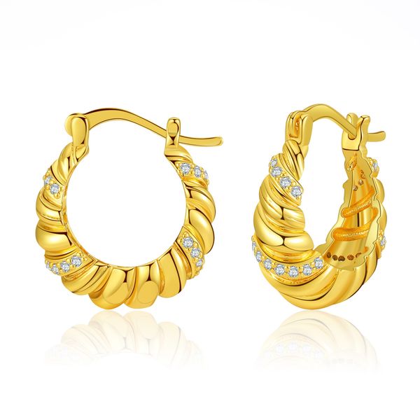 

Thread design 18K real gold earrings; European and American metal style texture inlaid zircon earrings.