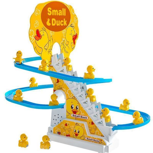 

Small Yellow Duckling Automatic Climbing Stairs Lighting Music Track Dinosaur Slide Puzzle Assembly Electric Toy