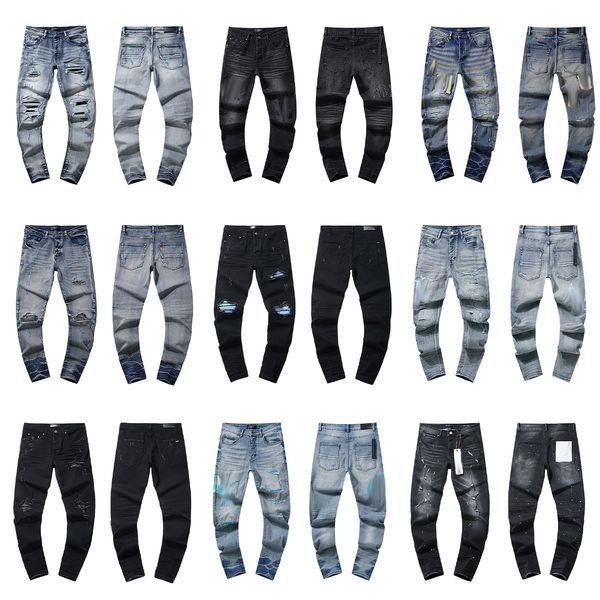 

Mens Designer Jeans Distressed Denim Jeans with Splattered Ink Print High Street Retro Style, Blue-318