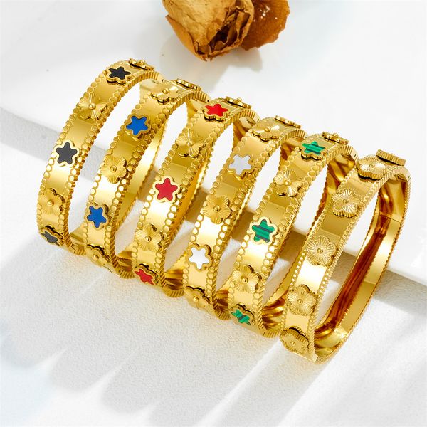 

Popular Non-fading 316L Stainless Steel Blue Red White Green Star Engraved Bracelets Black Agate Stone Hexagram Five Flower Clover Cuff Bangles Unisex Jewelry