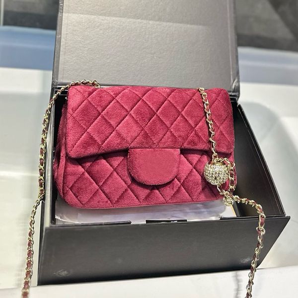 

Diamonds Ball Ladies Burgundy Velvet Shoulder Bag Velour Classic Flap Designer Tote Gold Hardware Adjustable Matelasse Chain Key Pouch Crossbody Handbag 17/20cm, Burgundy 17cm