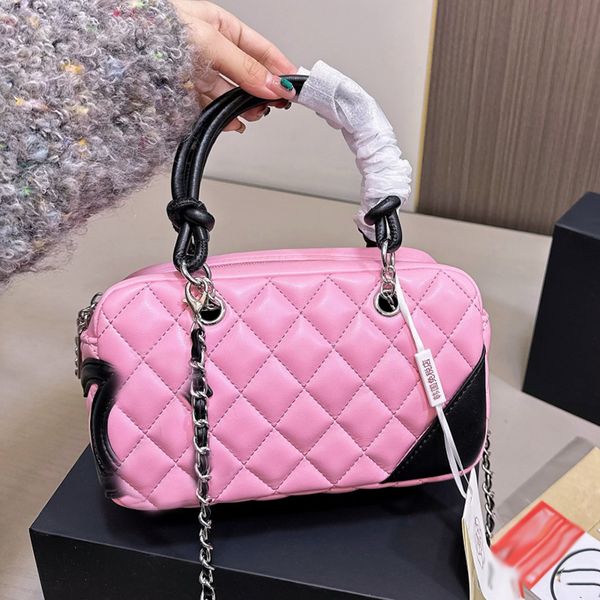 

Vintage Bowling Bag Designer Women Shoulder Bag 20cm Leather Diamond Check Silver Hardware Metal Zipper Luxury Handbag Matelasse Chain Crossbody Bag Shopping Bags, Black