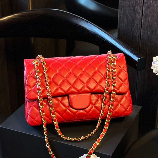 

26cm Women Designer Shoulder Classic Double Flap Bag Multi Colors Purple Tote Lambskin Leather Golden Metal Hardware Matelasse Chain Handbag Cross Body Purse, Peach