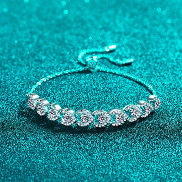 

925 Sterling Silver Adjustable Heart Design Bracelet, Platinum Plated, Luxury CZ Crystal, Dainty and Elegant Jewelry for Women
