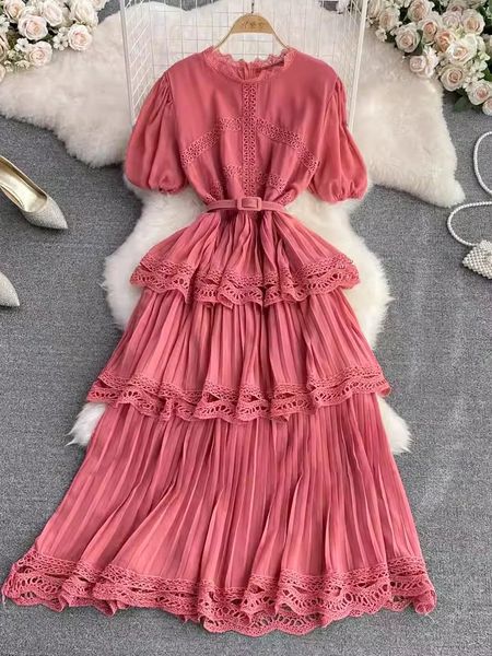 Summer Vintage Women Lace Patchwork Long Dress Elegant Round Neck Short Puff Sleeve Draped Maxi Robe Vacation Beach Vestidos New