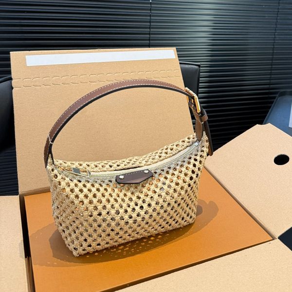 Brand Designer Summer Woven Shoulder Bag for Women Straw Shoulder Purse handbag with Leather Strap and Zipper Closure Yuki052