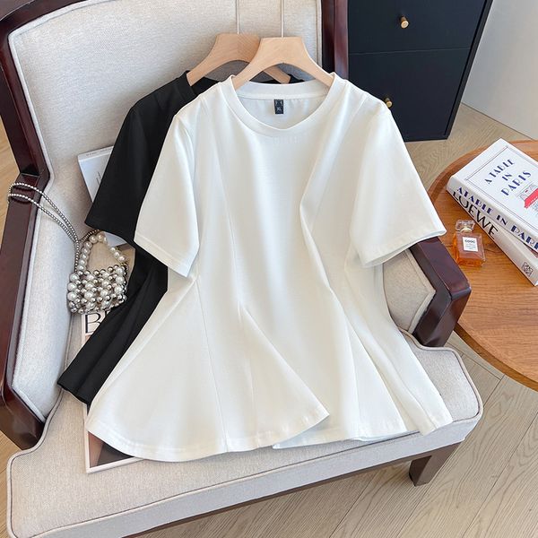 

Plus size, top for summer 2025 new women's clothing, loose fitting and belly covering design, black and white 3510