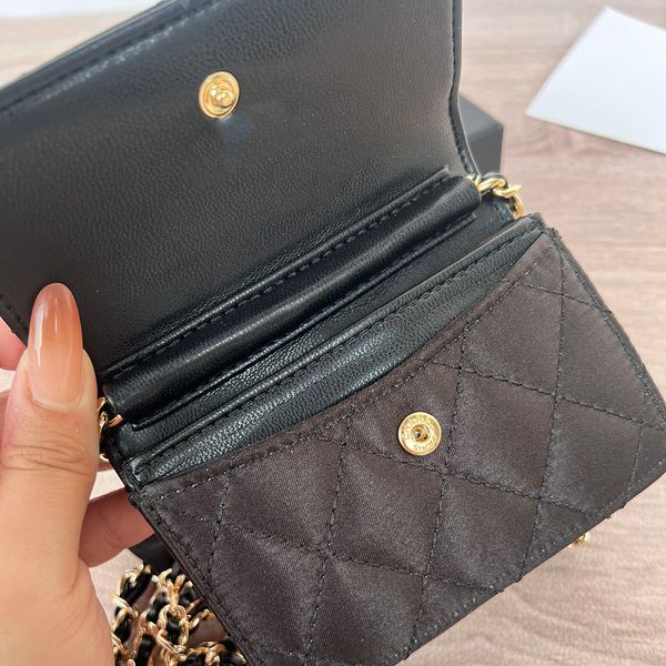 

Designer Black Satin Women Mini Shoulder Bag with Camellia Chain Cosmetic Brush Bucket Beauty Lipstick Organizer Box Car Key Storage Case