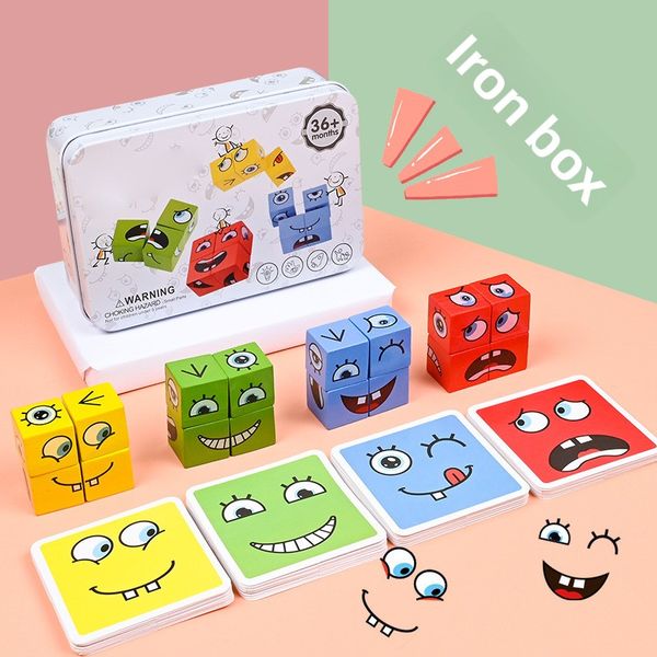 Children's Face-Changing Cube Building Block Puzzle Toy - Interactive Tabletop Battle Game with Wooden Smiley Face Pattern Cube