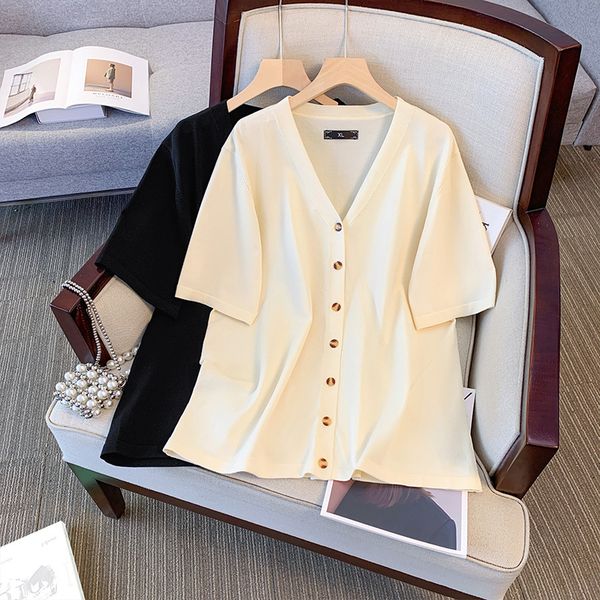 

Plus size, summer women's ice silk knit sweater looks slim and luxurious, V-neck short sleeved cardigan 9167, Black