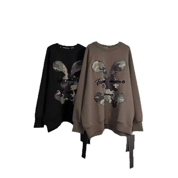 

150kg Plus Size New Cartoon Embroidered Letter Camouflage Rabbit Long Sleeve Sweatshirt Women Round Neck Ladies' sweatshirt, Olive green