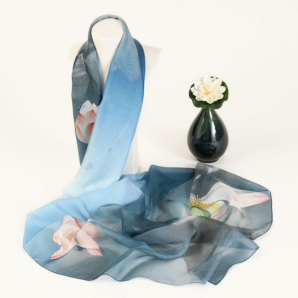 K915 Chiffon scarf 100% printed 175*65 machine curled thin scarf Hangzhou silk self-produced wholesale