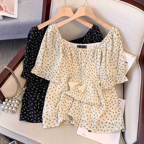 

Plus size, floral top, summer loose fit with belly covering chiffon shirt, 200 pounds, mm, women's vacation style 3405, Black