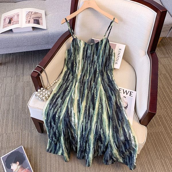 

Plus size, gradient gradient vertical stripe autumn camisole dress, women's dress with belly covering and slimming effect 3421, Mint manbo green