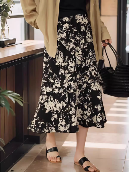 

Plus size, chubby mm ink painting fish tail skirt, women's ruffle edge printed half skirt, summer split mid length skirt 3420, Black
