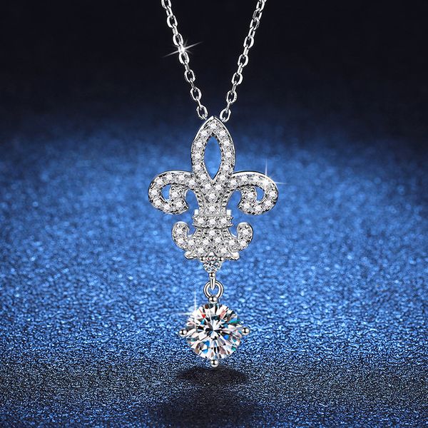 

S925 Sterling Silver Moissanite Necklace with 1ct D-Color Moissanite, Crown and Iris Flower Design, Elegant and Timeless Pendant for Women