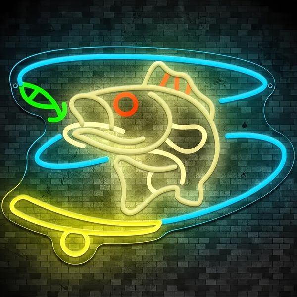 Dimmable LED Neon Fishing Sign - A Vivid and Colorful Fish - shaped Wall Decoration, Suitable for Boy's Den, Living Room or Store - Made of Plastic, a Perfect Gift for Boys