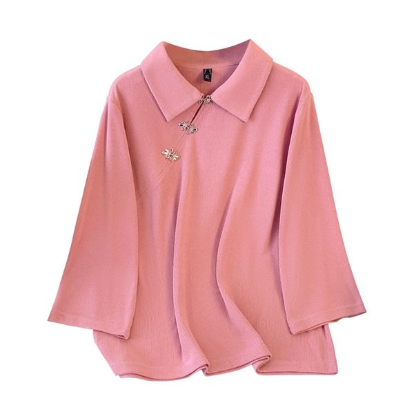 

Plus size, summer slimming top design with a niche Chinese style twist knit sweater collar 3430, Black
