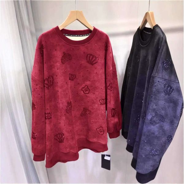

Plus Size Women's Clothing 150kg European Heavy Craft Rhinestone Sweatshirt Women New Year Style Fleece Lined Thickened Long Sleeve T-Shirt, Navy blue