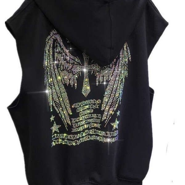 

150kg Wearable Zipper Plus Size Heavy Rhinestone Wing Hooded Cardigan Sleeveless hoodiescotton Jacket Vest, Black