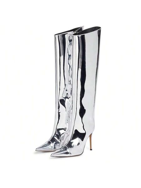 Arqa Metallic Boots for Women Pointed Toe High Stiletto Heel Knee High Boot Fashion Chrome Zipper Boot Dressy Party Shoes